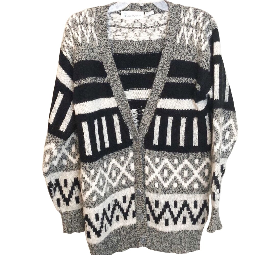 Diversity Vintage 80s Geometric Fair Isle Wool Cardigan Sweater Small Black